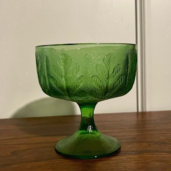 Ftd Other - Vintage FTD 1978 Avocado Green Glass Pedestal Compote Candy Dish Vase Oak Leaf